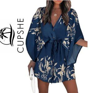 CUPSHE DRESS OVERSIZED SZ M  FLARED SLEEVES NAVY BLUE TAN BEACHY CHIC SUMMER